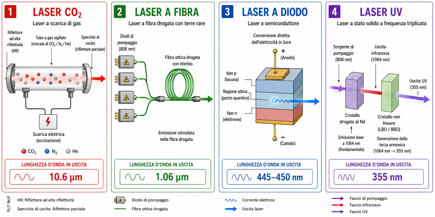 Diagramma comparativo dei meccanismi di generazione del fascio laser CO2, in fibra, a diodi e UV